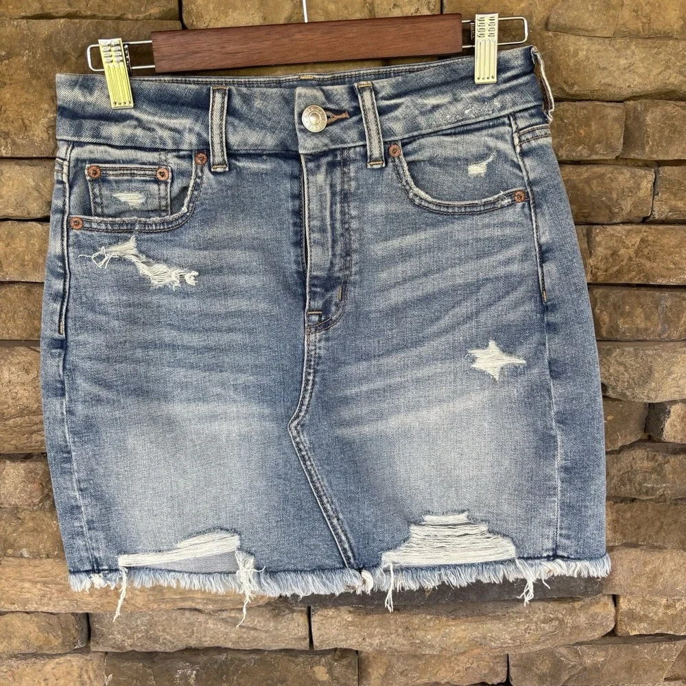 American Eagle Womens 4 Curvy Hi-Rise Mini Super Stretch Blue Jean Skirt Y2K - Picture 1 of 9